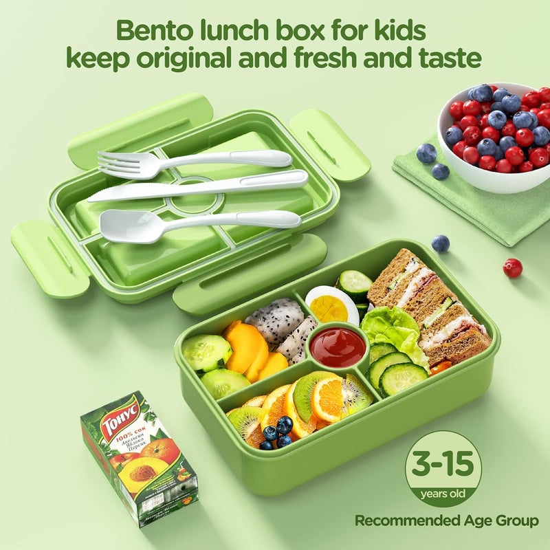 Jelife Bento Box Kids Lunch Box - Large Bento-Style Leakproof with 4 Compartments Food Storage Container with Tableware for Kids Back to School, Reusable On-the-Go Meal and Snack Packing, Green - Image 2